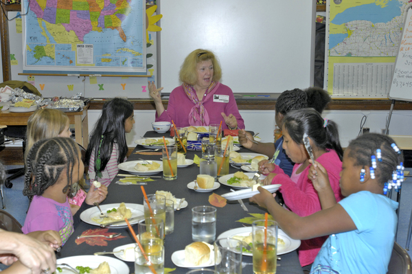 Catherine Arcure of Manhattan Manners explains the ins and outs of dinner conversation during a manners class at Bridgehampton School.   DANA SHAW