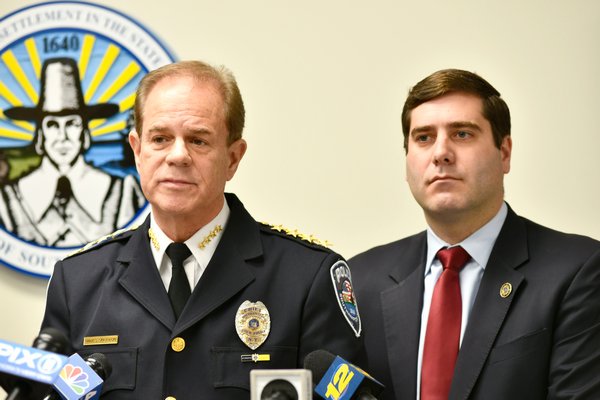 Southampton Town Police Chief Steven E. Skrynecki and Suffolk County District Attorney Timothy D. Sini at a press conference following the arraignment of Robert Weis.  DANA SHAW