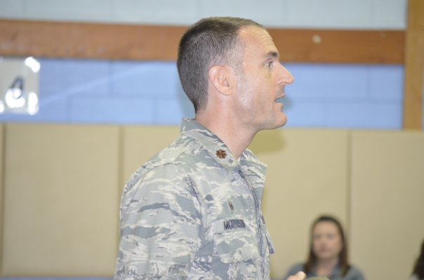 Major Stewart Morrison presents to students at the Remsenburg-Speonk Elementary School about life as part of the ANG's 106th Rescue Wing. BY ERIN MCKINLEY
