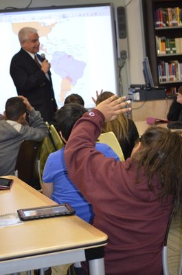 Louis Gallo of the Order Sons of Italy in America addressed Southampton Intermediate School students about the importance of Christopher Columbus in American history. BY ERIN MCKINLEY