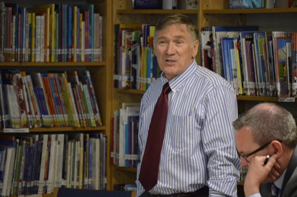 Tuckahoe Superintendent Chris Dyer at the meeting to discuss a potential regional high school. BY ERIN MCKINLEY
