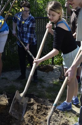 Student Ami Gordon, 14, at the Westhampton Beach Arbor Day tree planting on Friday. BY ERIN MCKINLEY