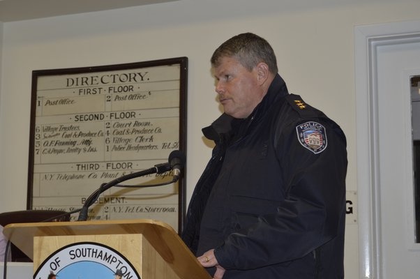 Southampton Village Police Chief Thomas Cummings briefs the Village Board on Monday night's shooting. ALYSSA MELILLO