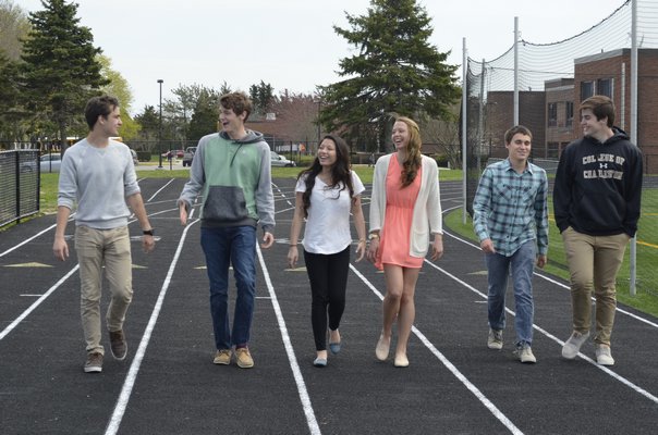 Members of the Southampton Key Club, Nick Burke, Eddie McLaughlin, Angelica Bautista, Megan Goleski, McClane Farnam, and C.J. Collum, walk the track where they will be hosting a Relay For Life event later this month.ERIN MCKINLEY BY ERIN MCKINLEY