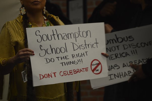 Shinnecock Tribal Trustee Nichol Dennis-Banks advocates for changing Columbus Day on the district calendar to "Indigenous Day" at the Southampton Board of Education meeting Tuesday night. ALYSSA MELILLO