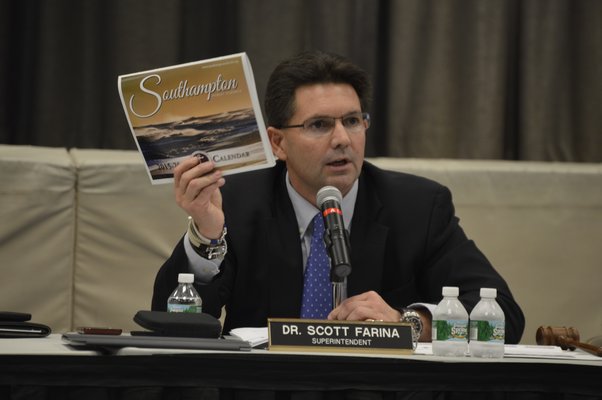 Southampton Schools Superintendent Dr. Scott Farina explains the process of putting together the district calendar at Tuesday night's Board of Education meeting. ALYSSA MELILLO