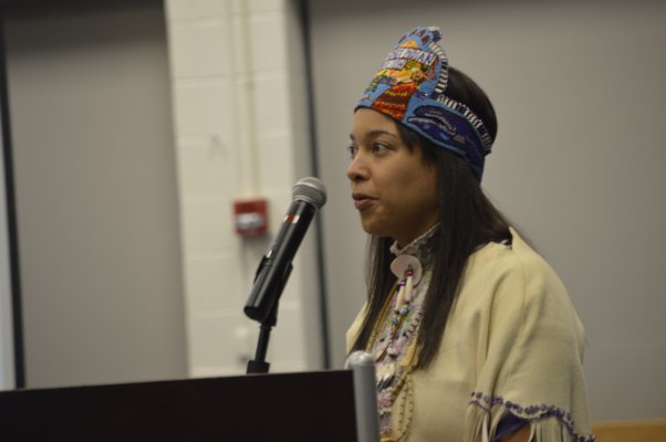 Kelly Dennis, a member of the Shinnecock Indian Nation, speaks in favor of changing the name of Columbus Day on the Southampton School District calendar to “Indigenous Day” at Tuesday night's Board of Education meeting. ALYSSA MELILLO