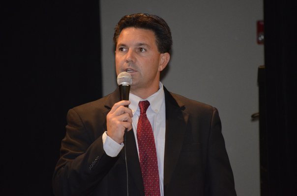 Southampton Superintendent Dr. Scott Farina at a merger community forum on Wednesday night. BY ERIN MCKINLEY