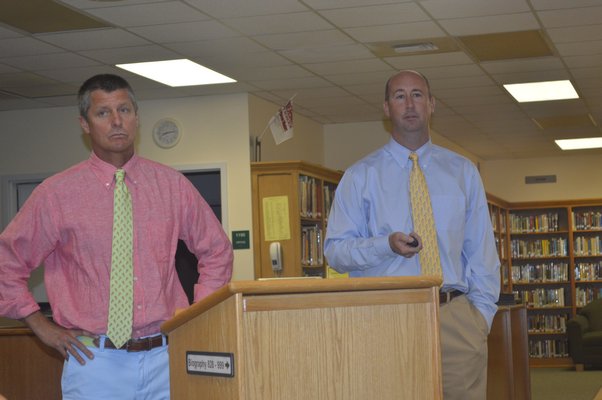 A presentation of suggestions to update school security was made before the Sag Harbor Board of Education on Monday by Matt Malone, elementary school principal (right), and Jeff Nichols, Pierson high school principal (left). BRANDON B. QUINN