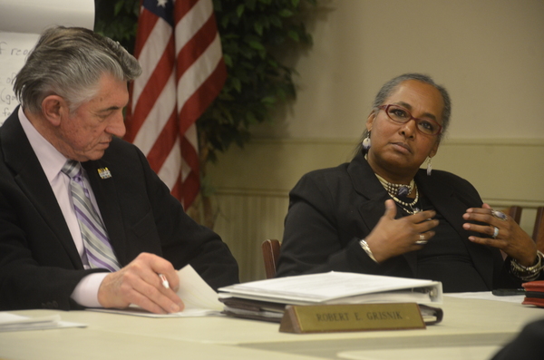Southampton's Roberta Hunter, with Tuckahoe School Board President Robert Grisnik, stressed that, if a merger were to happen, the school districts must come together and maintain respect for each community's traditions and cultures.  SHAYE WEAVER