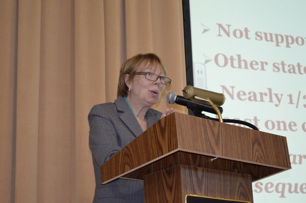 Carol Burris, principal of South Side High School in Rockville Center, spoke about Common Core testing during a meeting at East Quogue Elementary School Monday night. ALEXA GORMAN