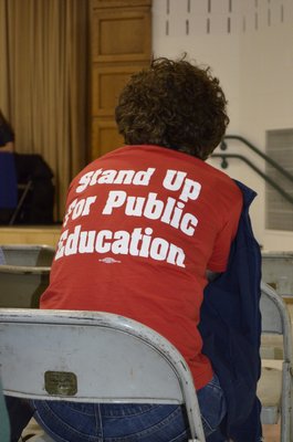 More than 100 people attended the "Reclaiming Public Education in New York State" forum at East Quogue Elementary School on Monday. ALEXA GORMAN