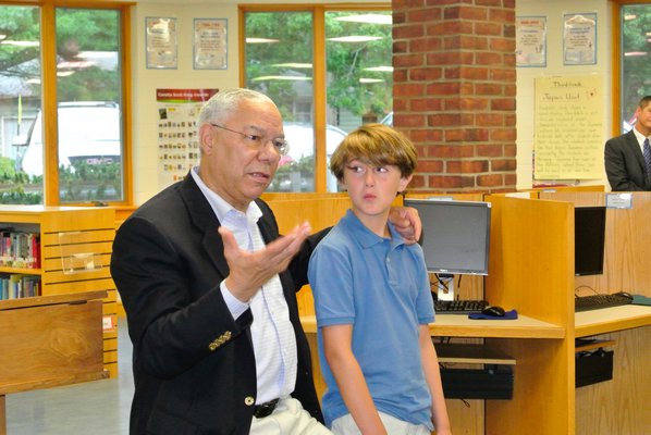 Former Secretary of State General Colin Powell fields questions from Tuckahoe School student  Robert Sior on Tuesday morning. DANA SHAW