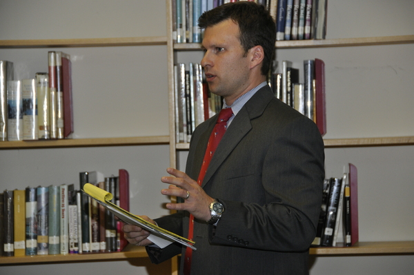 Westhampton Beach High School Principal Chris Herr addresses the School Board on Monday night about next year's budget.