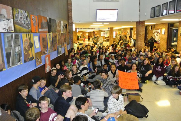 Students at Southampton High School protested the Tuckahoe merger vote on Friday by holding a sit-in in the school lobby.  DANA SHAW