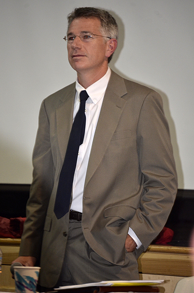 Tuckahoe School Board President Dr. Daniel Crough answered questions about the merger feasibility study at Monday night's meeting. SHAYE WEAVER