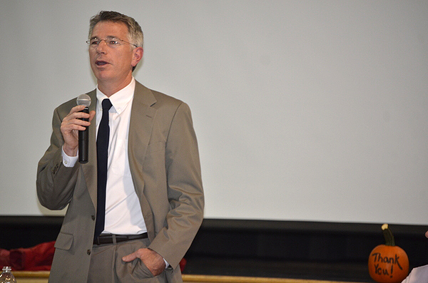 Tuckahoe School Board President Dr. Daniel Crough answered questions about the merger feasibility study at Monday night's meeting. SHAYE WEAVER