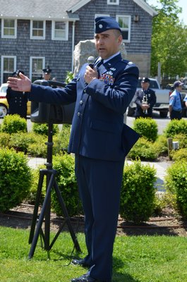 Lt. Col. Robert Siebelts, Commander of the 106th Maintenance Squadron, 106th Rescue Wing based in Westhampton Beach, spoke at the Quogue Memorial Day service. Alexa Gorman