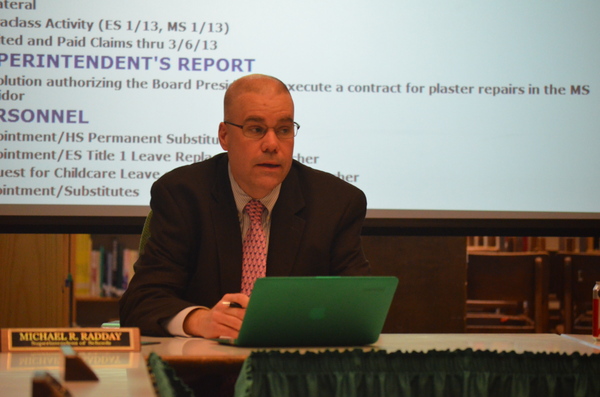 Westhampton Beach Superintendent Michael Radday at the Board of Education Meeting on Monday night. ERIN MCKINLEY