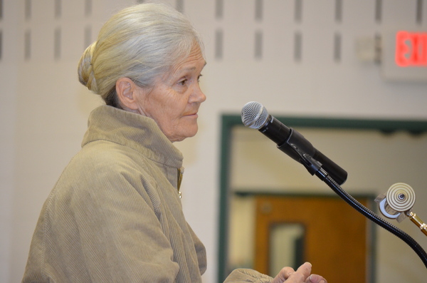 Patricia Reindl speaks out against the property vote at the February 7 public hearing.