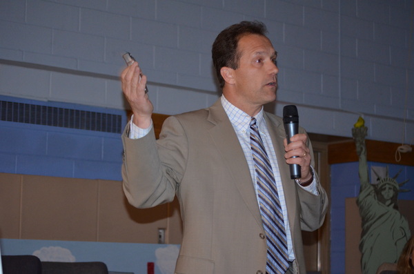 District Superintendent, Dr. Ronald Masera, at the community forum on Monday night. ERIN MCKINLEY