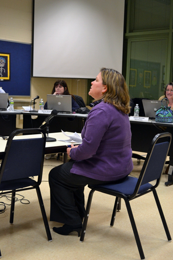 A concerned mother addresses the Eastport South Manor Board of Education at its Wednesday, March 2 meeting.
