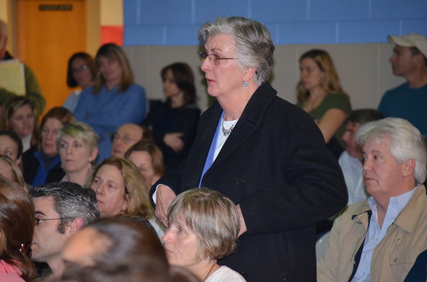 Remsenburg resident Mare Skeris voices her opinion during the community forum regarding the school district budget held Monday night. ERIN MCKINLEY