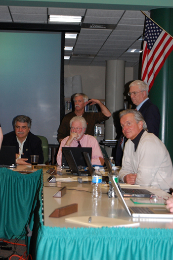 Westhampton Beach School Board President Aram Terchunian, left, Vice President Jim Hulme, with board members Halsey Stevens, standing, Greg Frost and Beecher Halsey.