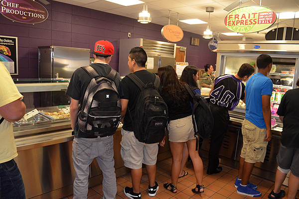 Students on line at the Hampton Bays High School cafeteria. ERIN MCKINLEY