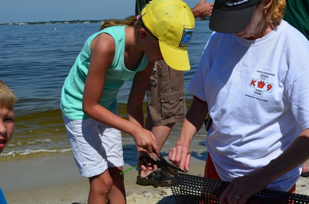 Peyton Worvey, left, and her neighbor, Barbara Marto made oyster containers at Lashley Beach on Saturday. Alexa Gorman