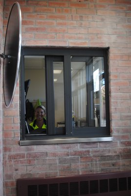 A security guard mans the new booth at the enterance of Hampton Bays Elementary School. AMANDA BERNOCCO