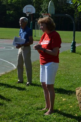 Quogue School Superintendent Richard Benson, left and Sarah Adams, chairperson of special education and the coordinator of Monday's ceremony, at the tree dedication for the four retiring teachers. Alexa Gorman