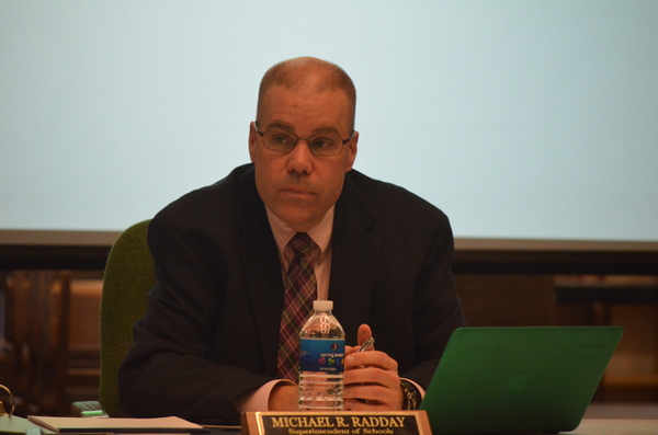 Westhampton Beach Superintendent Michael Radday at the meeting on Monday night. ERIN MCKINLEY
