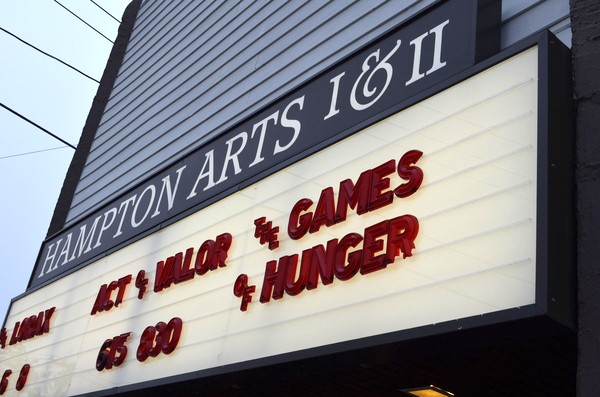 The Hampton Bays Twin Movie Theater marquee in Westhampton Beach the day of the premier.