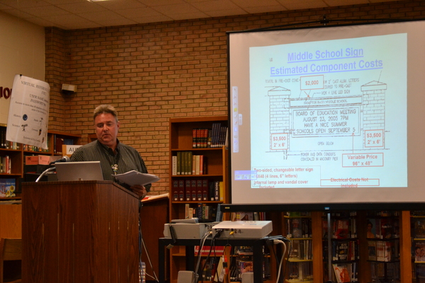 Tom McElrath gave a presentation on the middle school sign to the School Board at its meeting on Tuesday night. LAURA COOPER