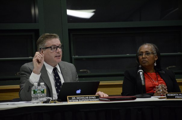 Southampton School District Superintendent Dr. Nicholas Dyno presented the 2017-18 school budget to the Board of Education on Tuesday night. GREG WEHNER