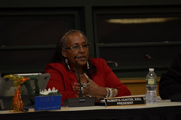 Southampton Board of Education President Roberta Hunter speaks about the designation of Indigenous Peoples' Day in place of Columbus Day. GREG WEHNER