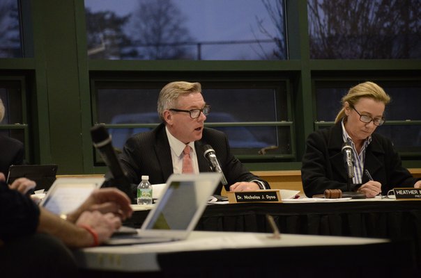 Dr. Nicholas Dyno, the interim superintendent of the Southampton schools, made a motion to adopt the budget for the 2016-17 school year in the amount of $67,731,646 on Tuesday Night. GREG WEHNER