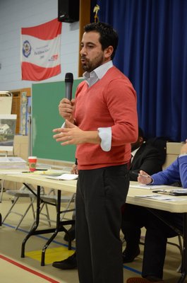 Dave Gallo, President of the development company Georgica Green Ventures, LLC, said the forum was intendeded to be a conversation to find out what the community wants to see in a proposed development in Speonk. GREG WEHNER