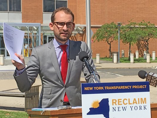 Brandon Muir of Reclaim New York announced a lawsuit on Wednesday against the Southampton School District for not complying with The Freedom of Information Law.  GREG WHENER