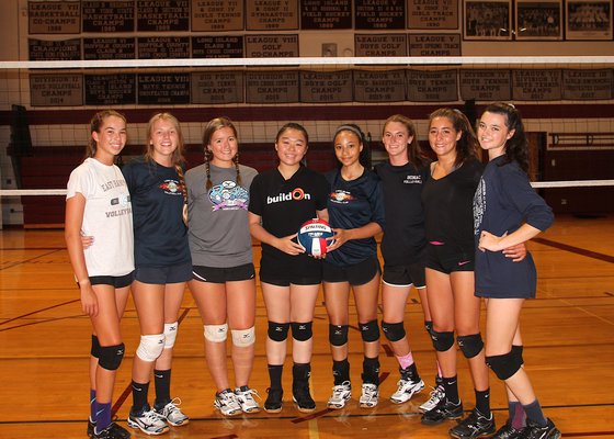 East Hampton girls volleyball will have eight seniors on the team this year, including, from left, Mary McDonald, Erin Decker, Julia Kearney, Connie Chan, Nuelle Johnson, Ella Gurney, Nicole Realmuto, and Madison Neff.  KYRIL BROMLEY KYRIL BROMLEY