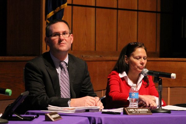 Hampton Bays Superintendent of Schools Lars Clemensen and Hampton Bays Board of Education member Dot Capuano during the board's January meeting in the Hampton Bays High School Auditorium. KYLE CAMPBELL