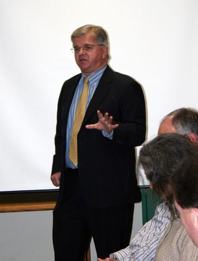 Assemblyman Fred Thiele presenting to the Sag Harbor School Board Monday. OLIVER PETERSON