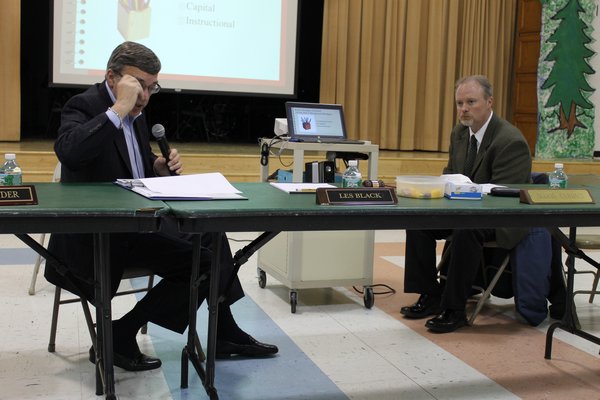 East Quogue School Superintendent Les Black, left, reads through a budget presentation while Principal Rob Long watches. KYLE CAMPBELL