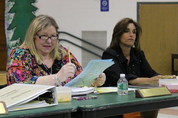 East Quogue Board of Education members Katheryn Tureski and Patricia Tuzzolo during the East Quogue Board of Education meeting on Wednesday, April 23. KYLE CAMPBELL