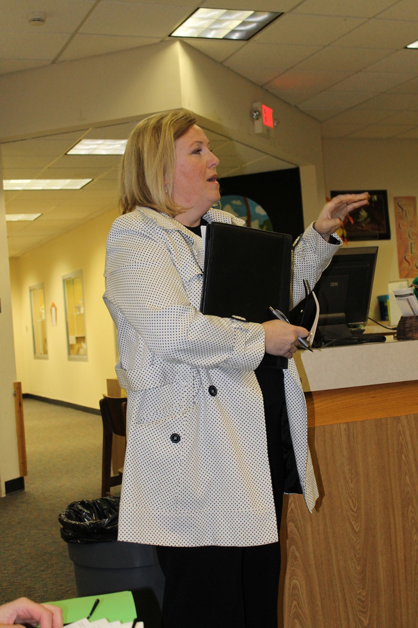 Parent Claire Bean addresses the Westhampton Beach Board of Education Monday evening.