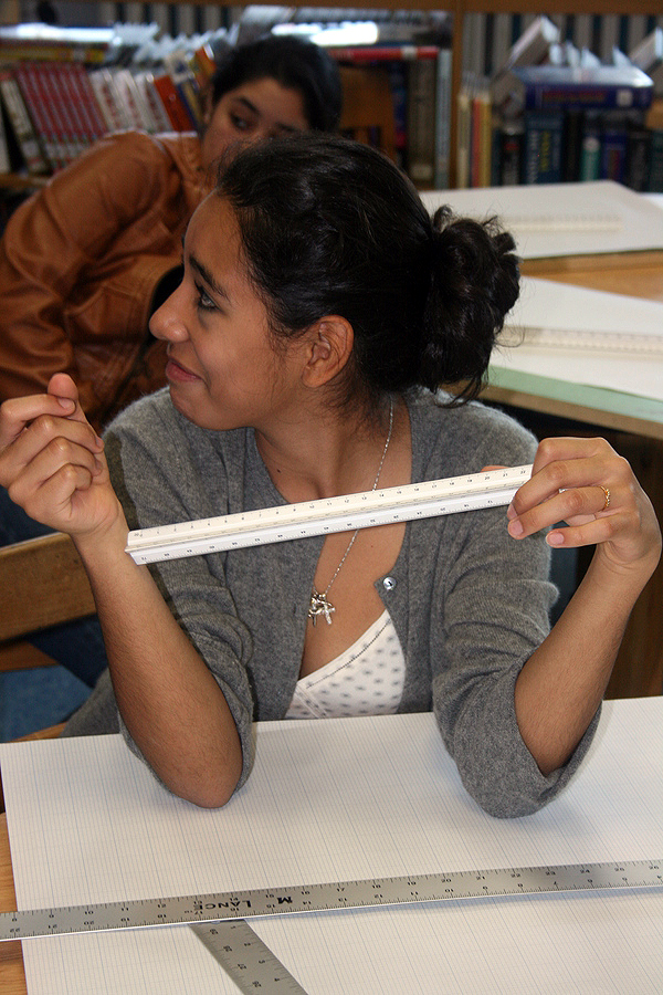 Angelica Uribe, a freshman, learns how to use an engineering ruler in a class at Bridgehampton High School.