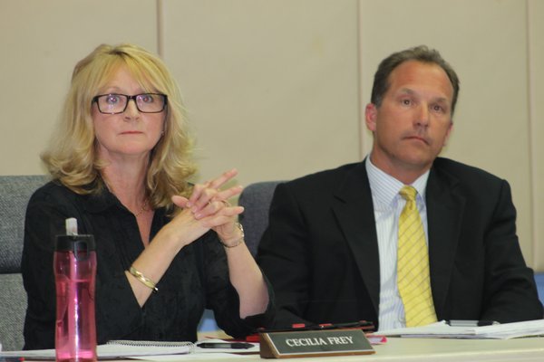 Remsenburg-Speonk School Board President Cecilia Spellman-Frey and Superintendent Ronald Masera during Monday night's board of education meeting. KYLE CAMPBELL