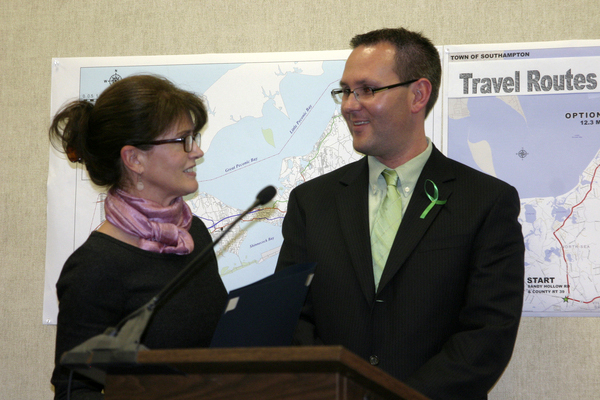 Hampton Bays School District Superintendent Lars Clemensen was recognized  at Tuesday night's Southampton Town Board meeting by Supervisor Anna Throne-Holst.  MIKE WRIGHT