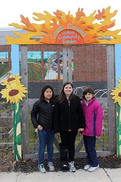 Sarah Oh, Marissa Kennedy and Rebecca Sadowski, members of the Hampton Bays Middle School Earth Club. CAROL MORAN